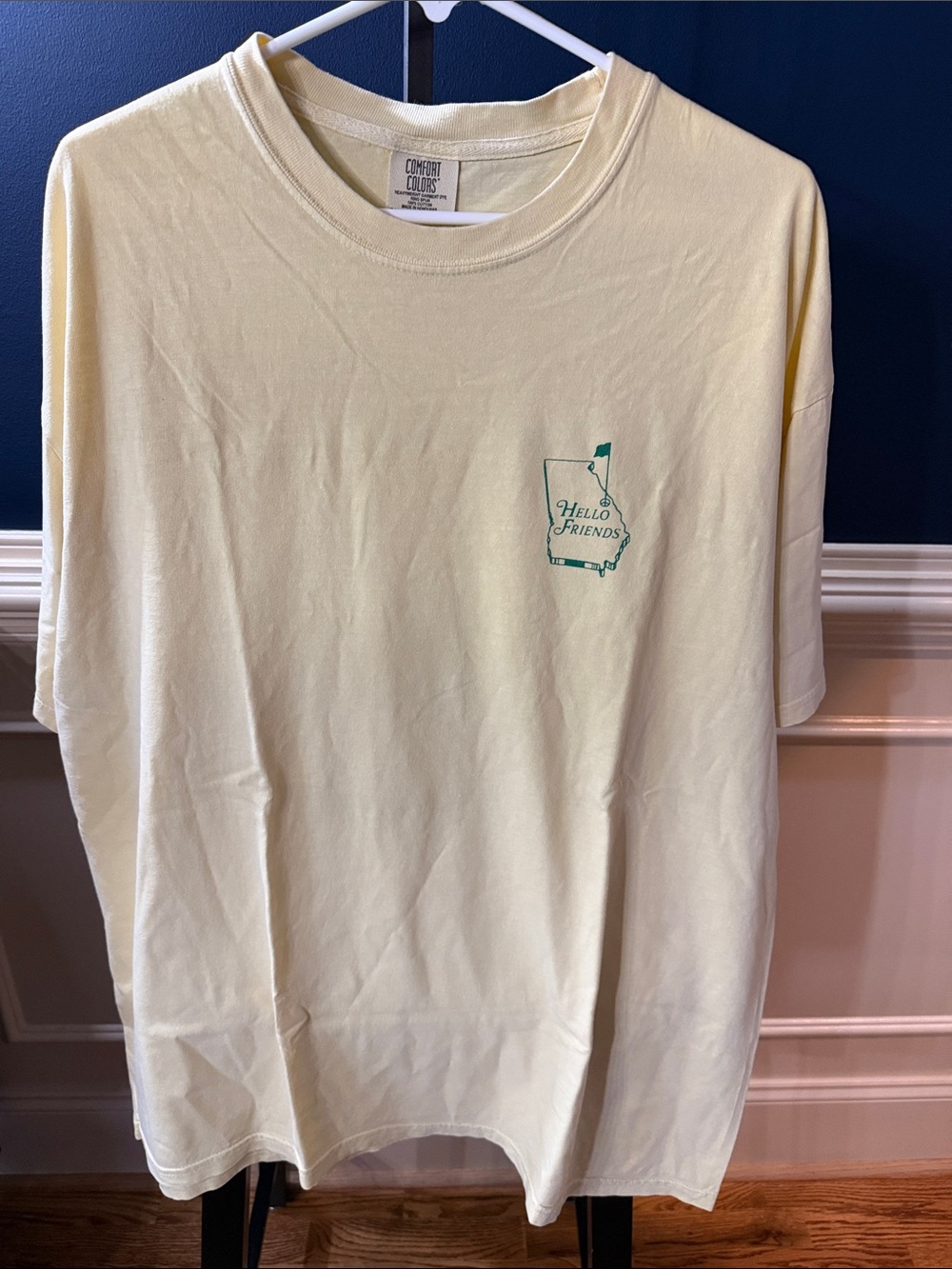 Comfort Colors Pale Yellow 'Hello Friends' Tee with Green Masters Inspired Logo
